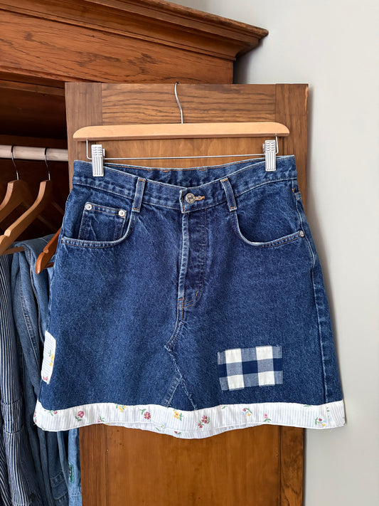 Jupe courte patchwork en denim revalorisée (Small) *Telle quelle