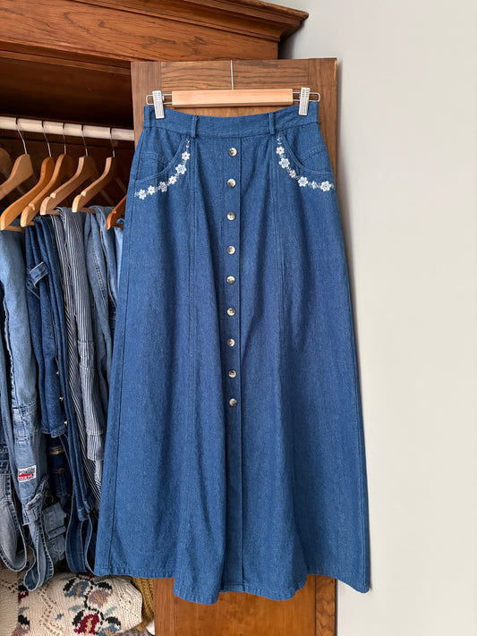 Jupe longue en denim avec broderie de fleurs (Small)