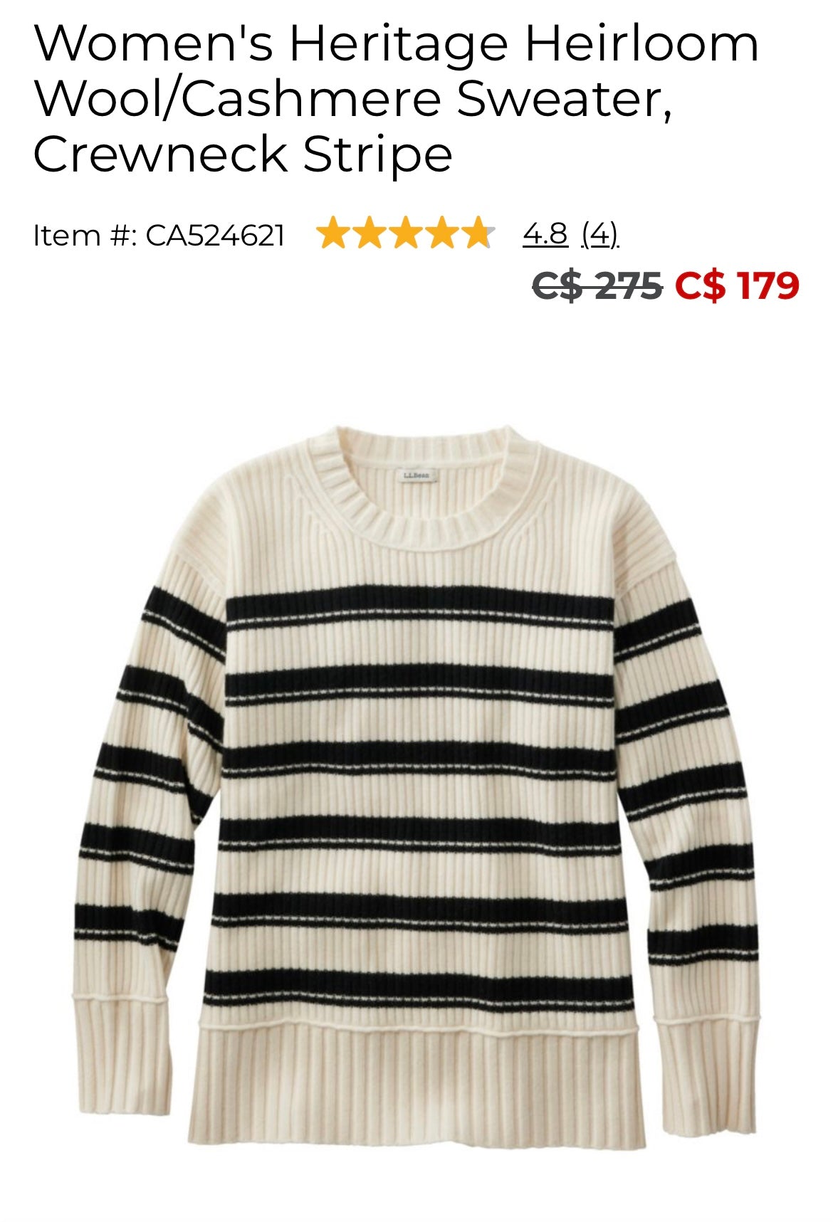 Chandail ligné laine et cachemire L.L.Bean (Xlarge)